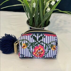 NWOT Flowered Change Purse coin Pouch Pom Pom zip Birds Striped Background BoHo